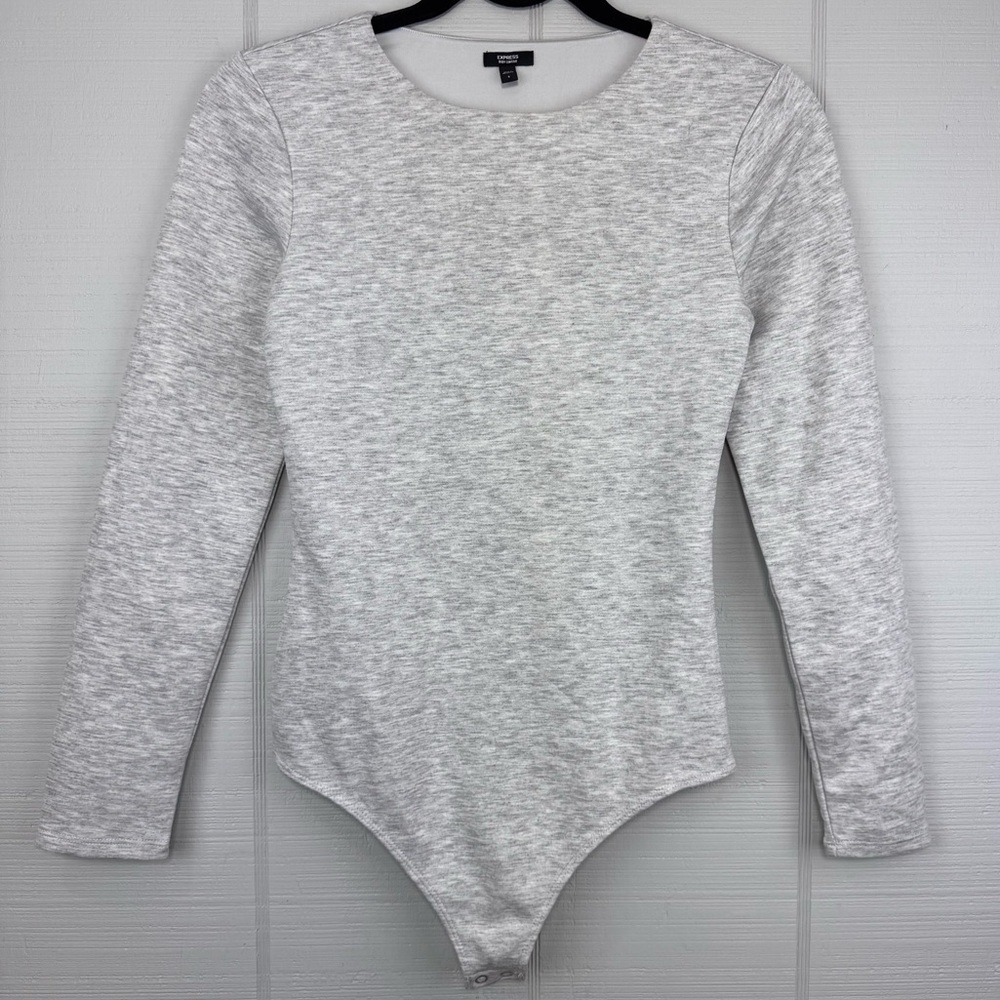 Express Gray Lined Body Contour Long Sleeve Thong Bodysuit Size S